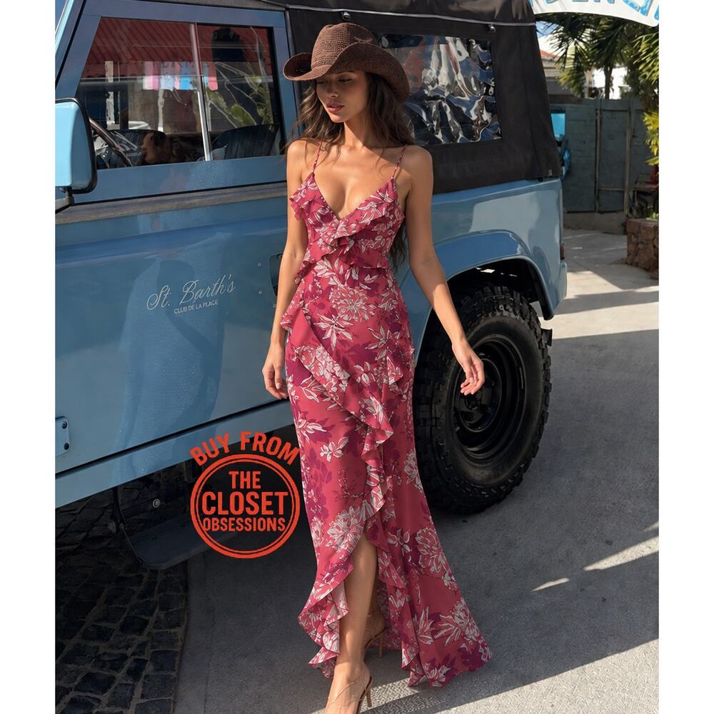 Zara NWT Pink Floral Strappy V Neck Side Slit Midi Slip Dress L XL - Picture 2 of 16